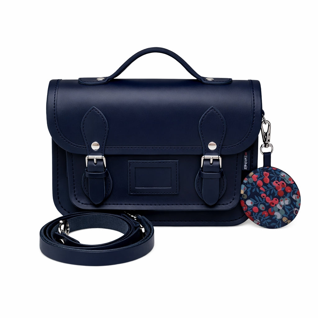 Floral Lined Leather Midi Satchel - Navy