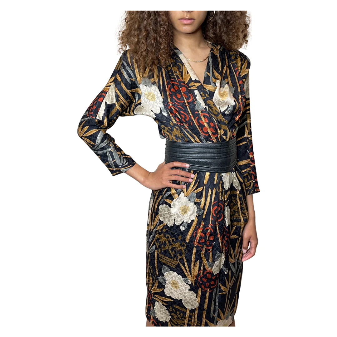 1980'S Original Vintage Black Floral Silk Dress Uk 10 - 12