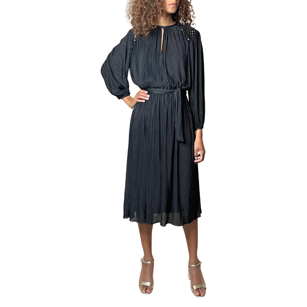 1970'S Vintage Original Black Pleated Long Sleeved Dress Uk 10 - 12