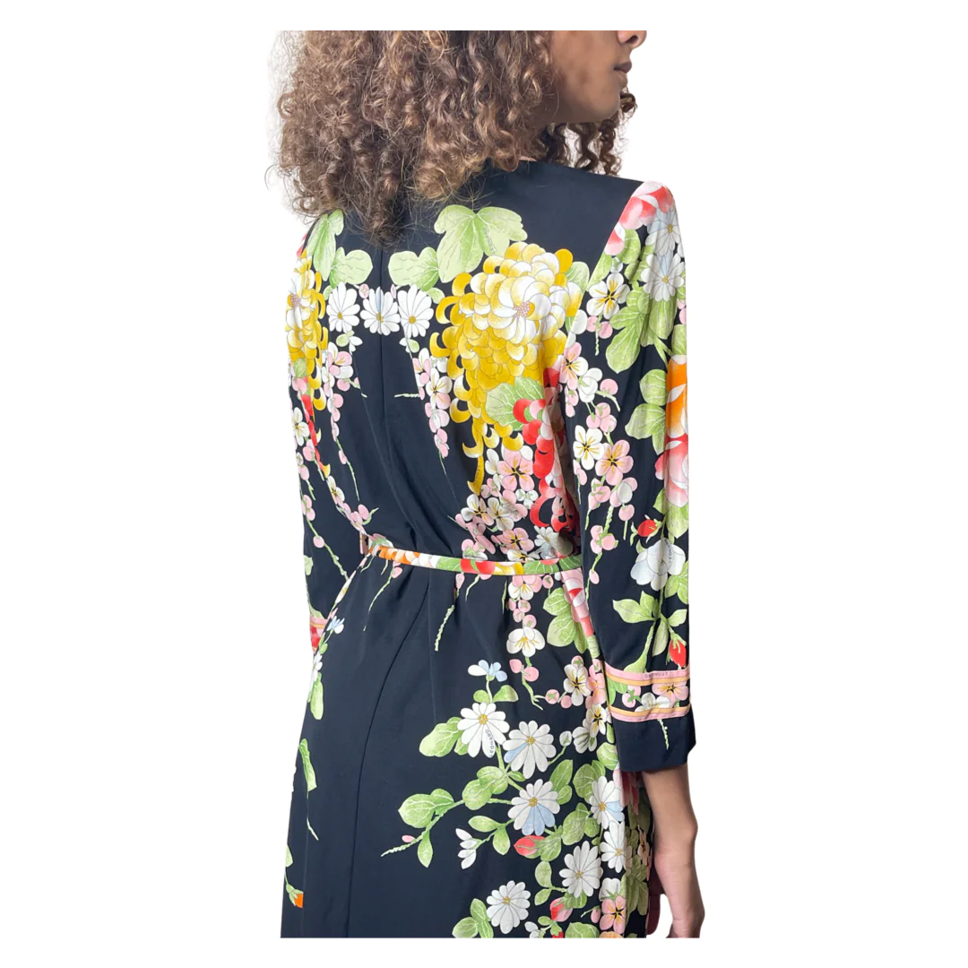 1980'S Original Vintage Black Leonard Floral Silk Dress Uk 10 - 12