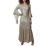 1990'S Original Vintage Gold Sequin Bell Sleeve Dress Uk 8 - 12