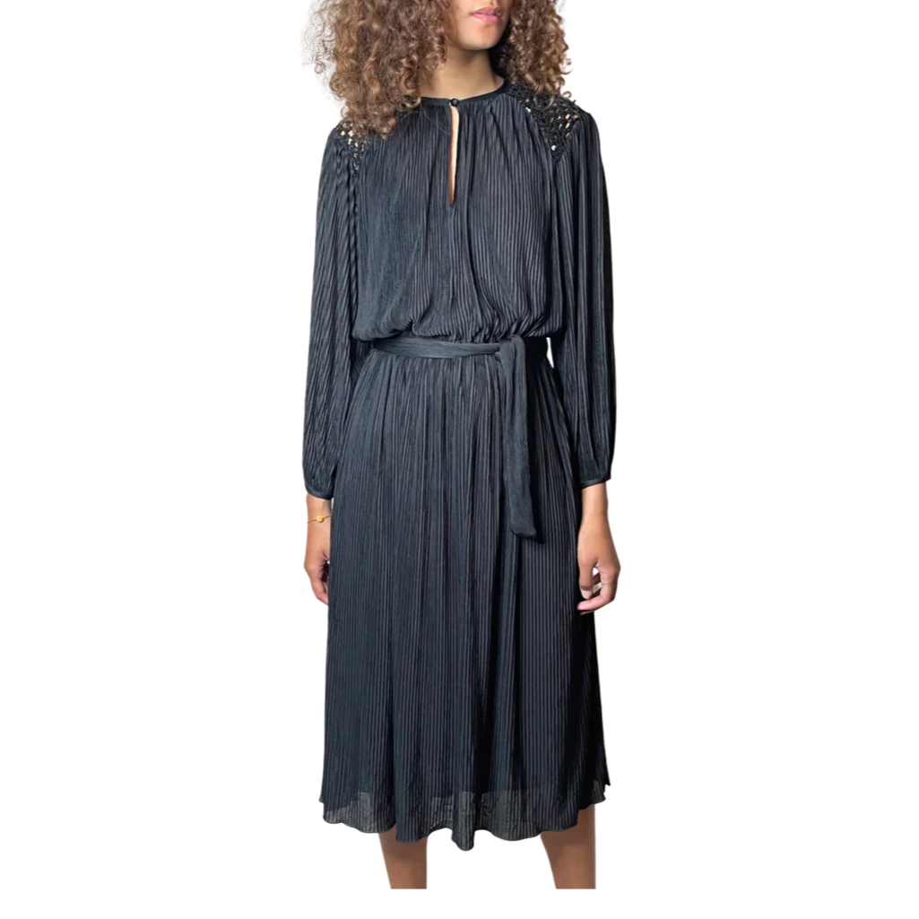 1970'S Vintage Original Black Pleated Long Sleeved Dress Uk 10 - 12