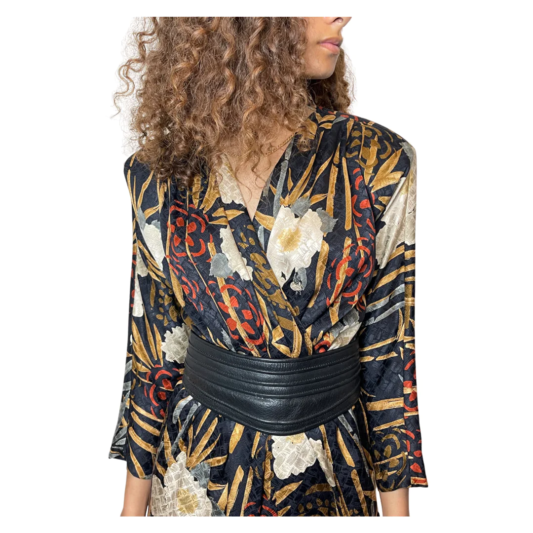 1980'S Original Vintage Black Floral Silk Dress Uk 10 - 12