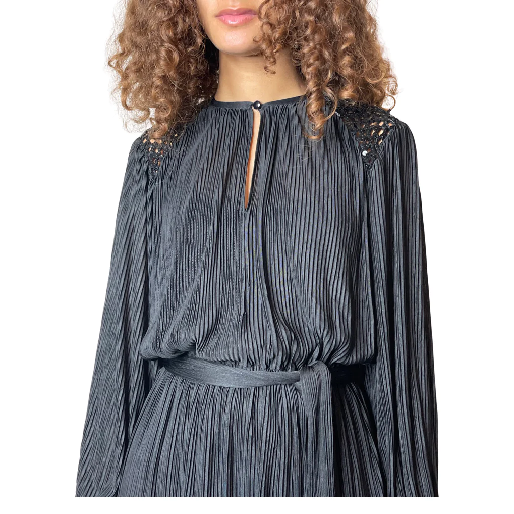 1970'S Vintage Original Black Pleated Long Sleeved Dress Uk 10 - 12