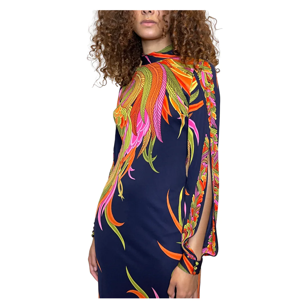 1970'S Original Vintage De Parisini by Gianni Versace Navy Floral & Palm Silk Print Maxi Dress Uk 8 - 10
