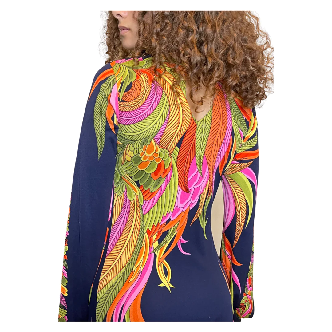 1970'S Original Vintage De Parisini by Gianni Versace Navy Floral & Palm Silk Print Maxi Dress Uk 8 - 10