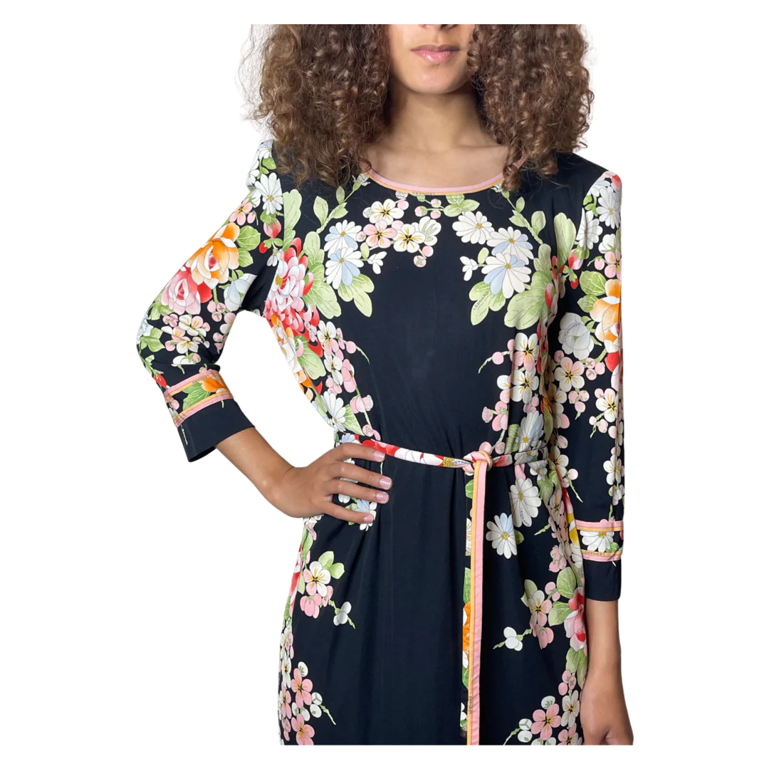 1980'S Original Vintage Black Leonard Floral Silk Dress Uk 10 - 12