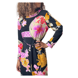 1980'S Original Vintage Black Leonard Floral Silk Dress Uk 10 - 12