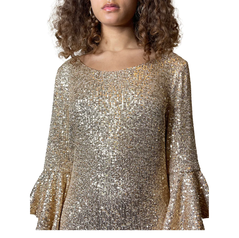 1990'S Original Vintage Gold Sequin Bell Sleeve Dress Uk 8 - 12