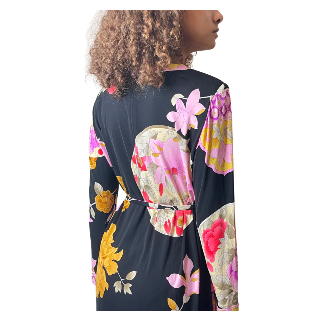 1980'S Original Vintage Black Leonard Floral Silk Dress Uk 10 - 12
