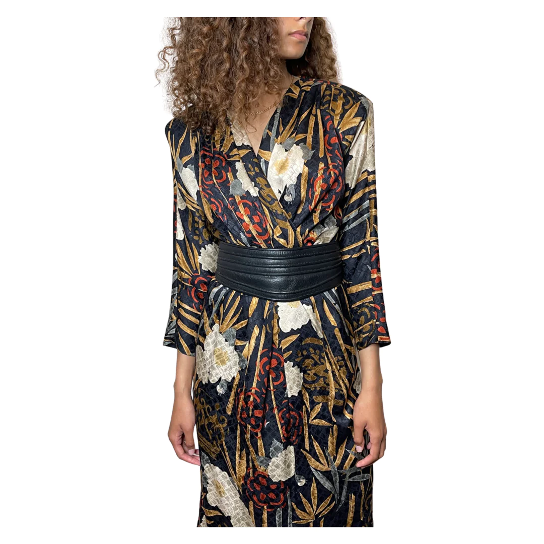 1980'S Original Vintage Black Floral Silk Dress Uk 10 - 12