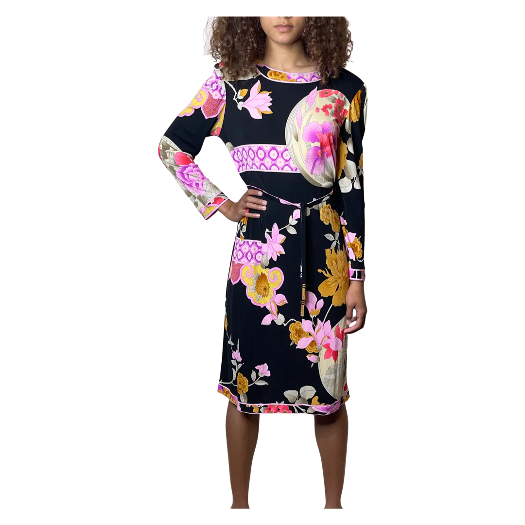 1980'S Original Vintage Black Leonard Floral Silk Dress Uk 10 - 12