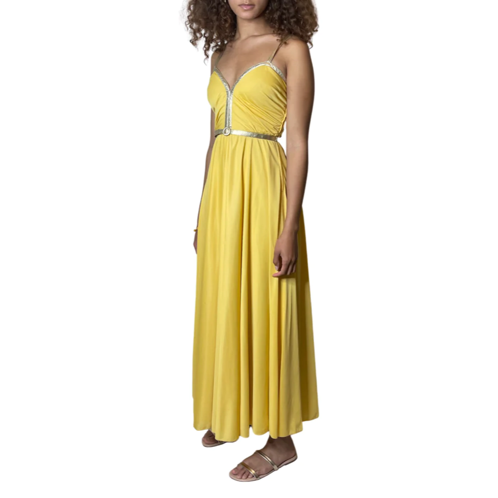 Original 1970'S Vintage Yellow & Gold Strap Maxi Dress