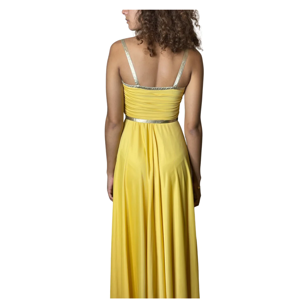 Original 1970'S Vintage Yellow & Gold Strap Maxi Dress