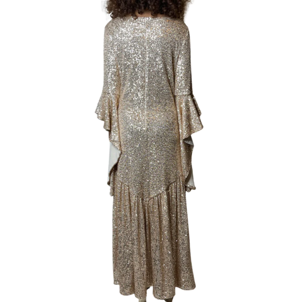 1990'S Original Vintage Gold Sequin Bell Sleeve Dress Uk 8 - 12