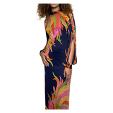 1970'S Original Vintage De Parisini by Gianni Versace Navy Floral & Palm Silk Print Maxi Dress Uk 8 - 10