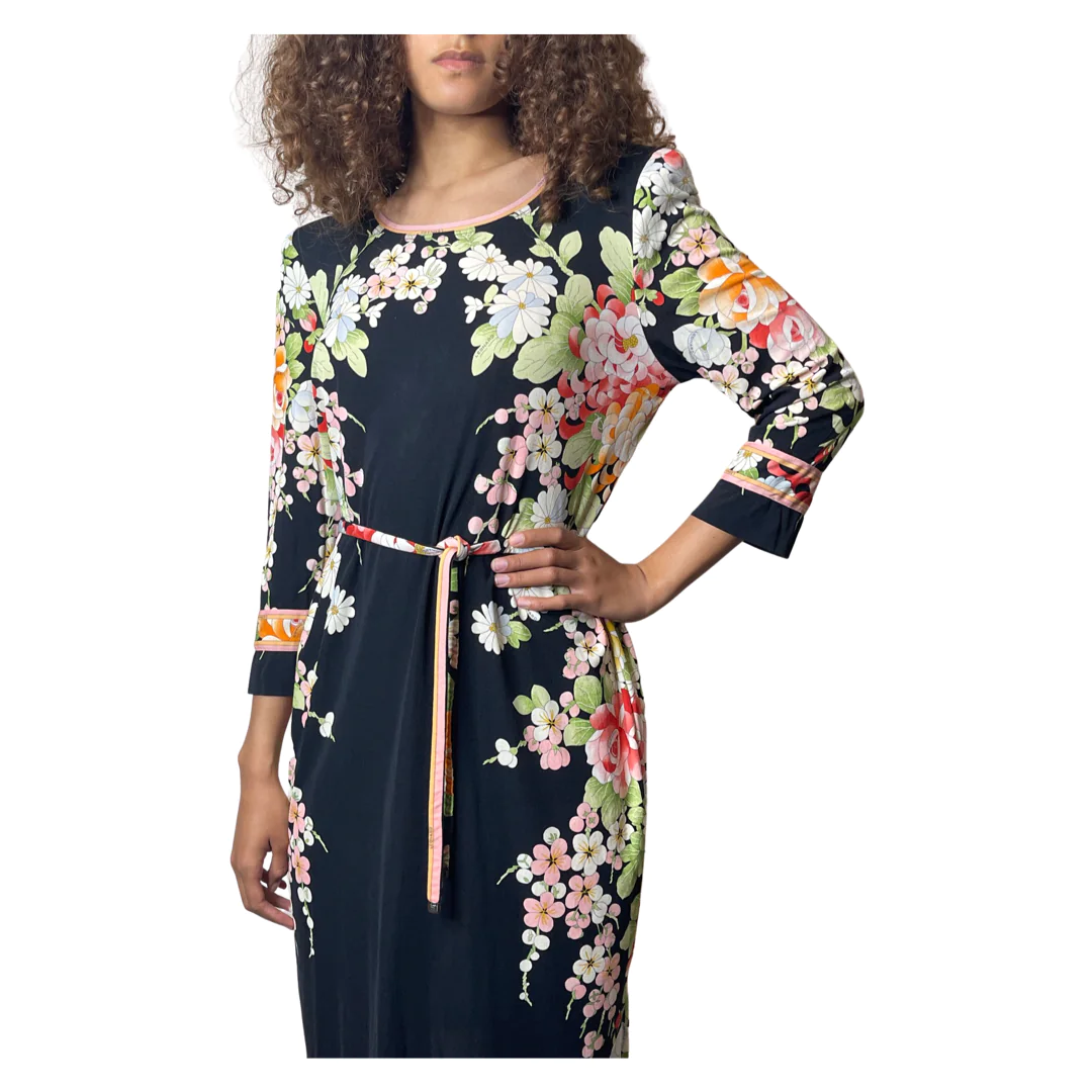 1980'S Original Vintage Black Leonard Floral Silk Dress Uk 10 - 12