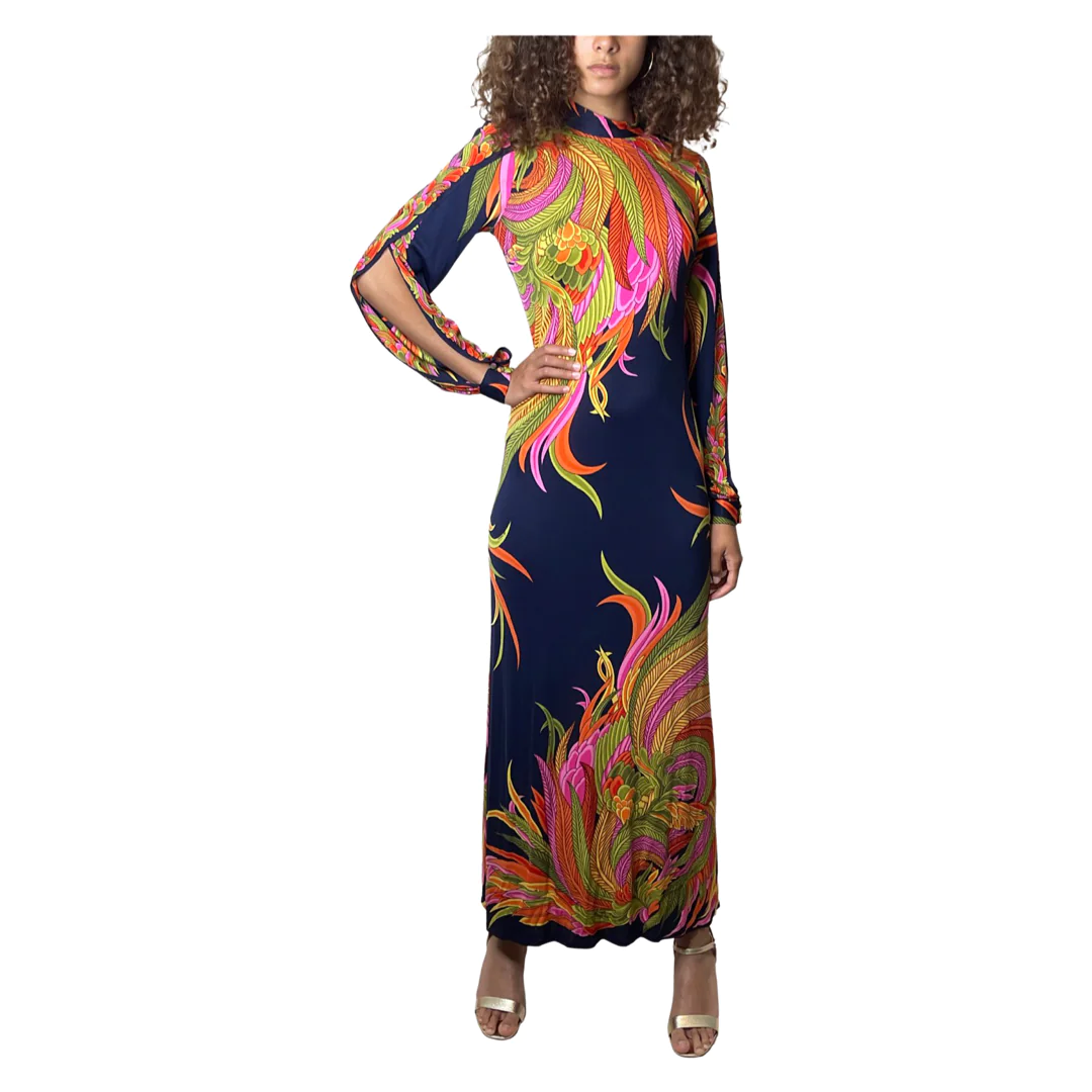 1970'S Original Vintage De Parisini by Gianni Versace Navy Floral & Palm Silk Print Maxi Dress Uk 8 - 10