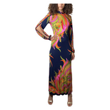 1970'S Original Vintage De Parisini by Gianni Versace Navy Floral & Palm Silk Print Maxi Dress Uk 8 - 10