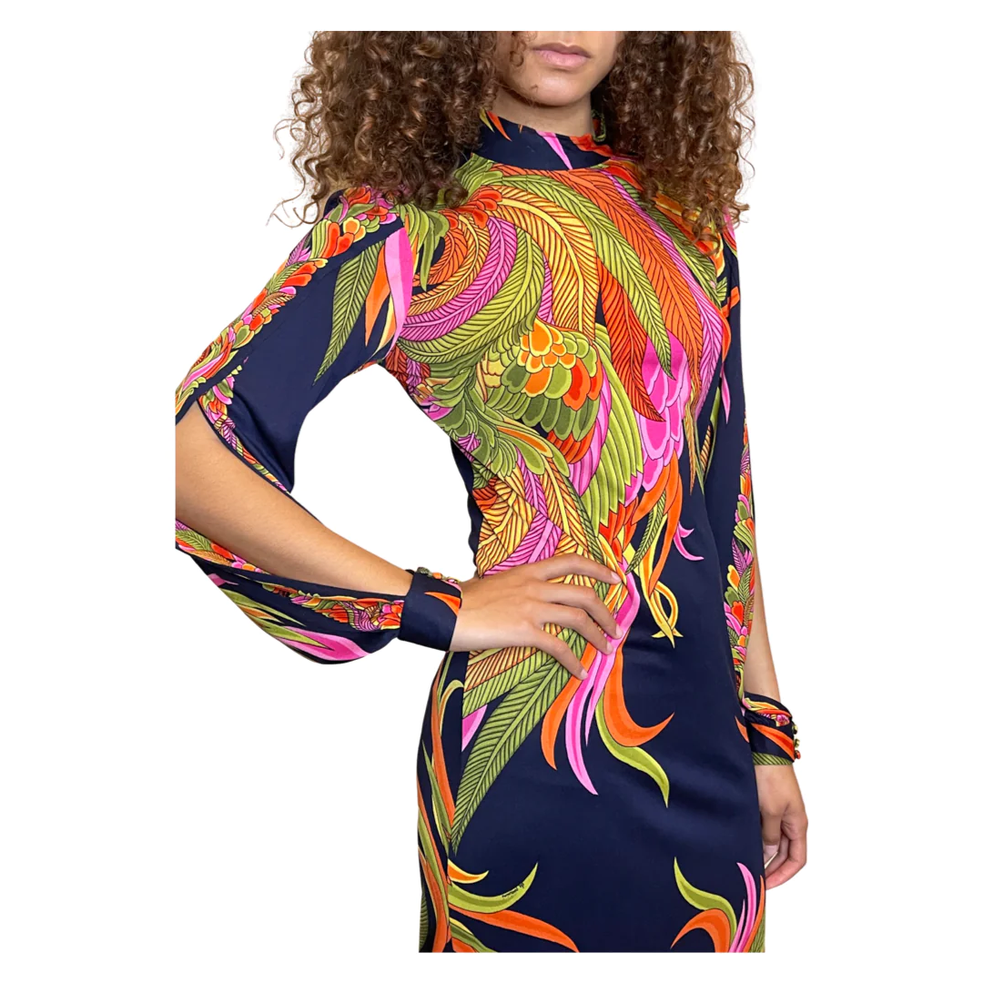 1970'S Original Vintage De Parisini by Gianni Versace Navy Floral & Palm Silk Print Maxi Dress Uk 8 - 10