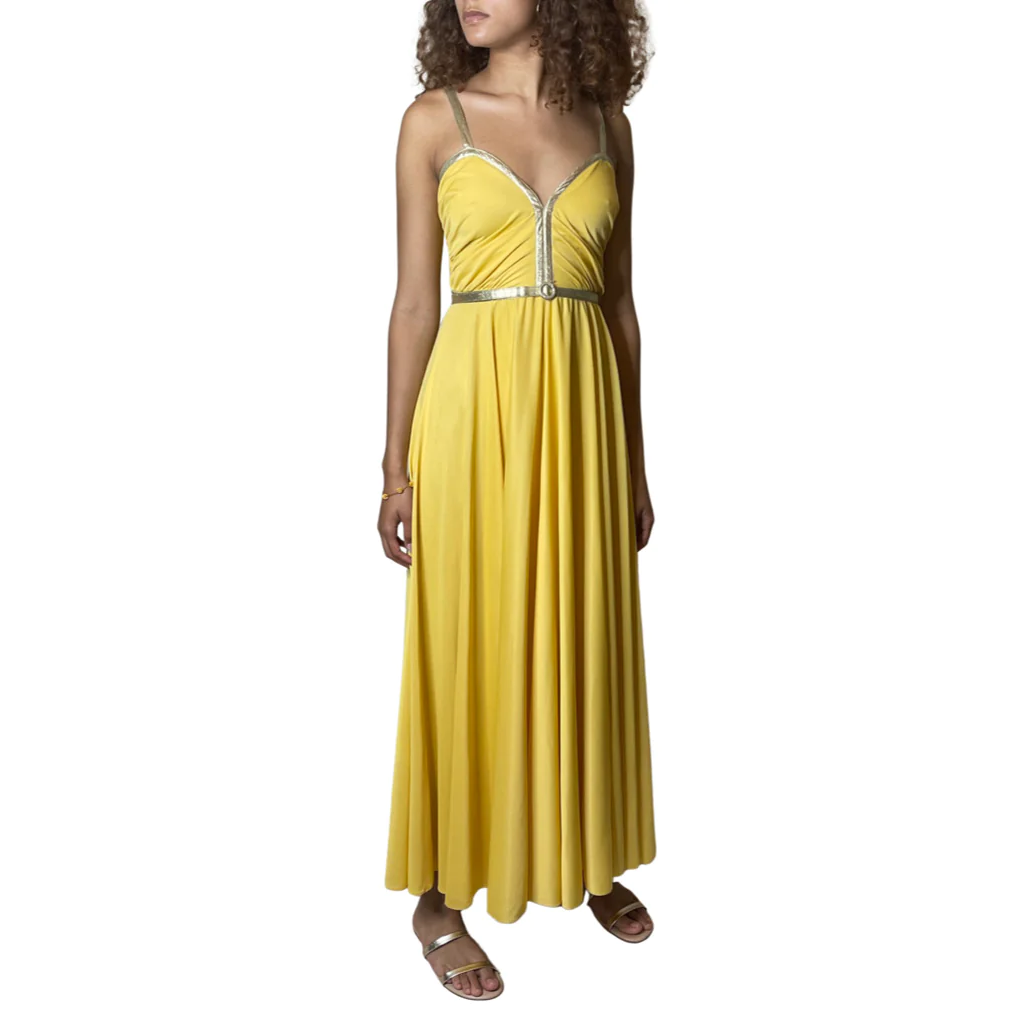 Original 1970'S Vintage Yellow & Gold Strap Maxi Dress