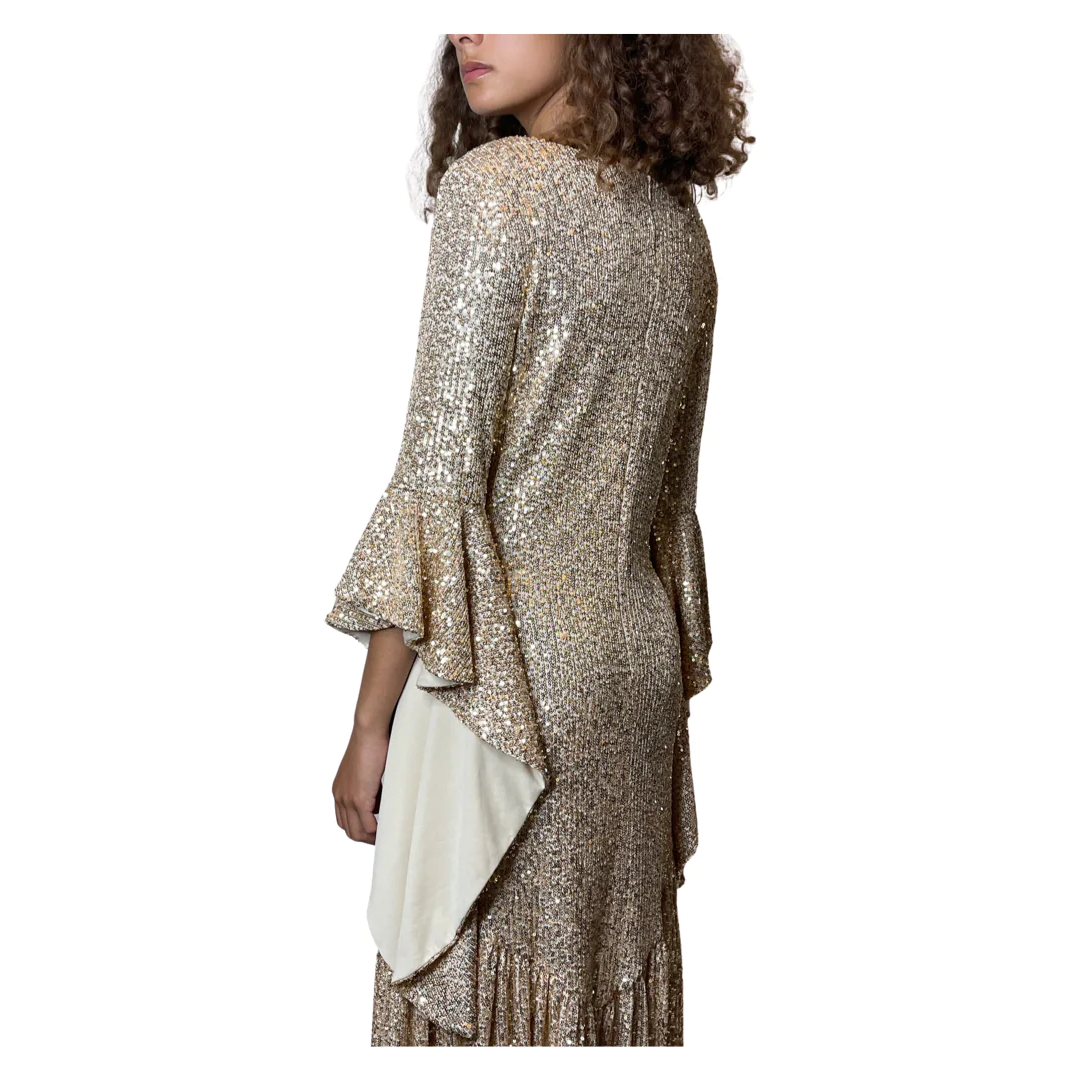 1990'S Original Vintage Gold Sequin Bell Sleeve Dress Uk 8 - 12