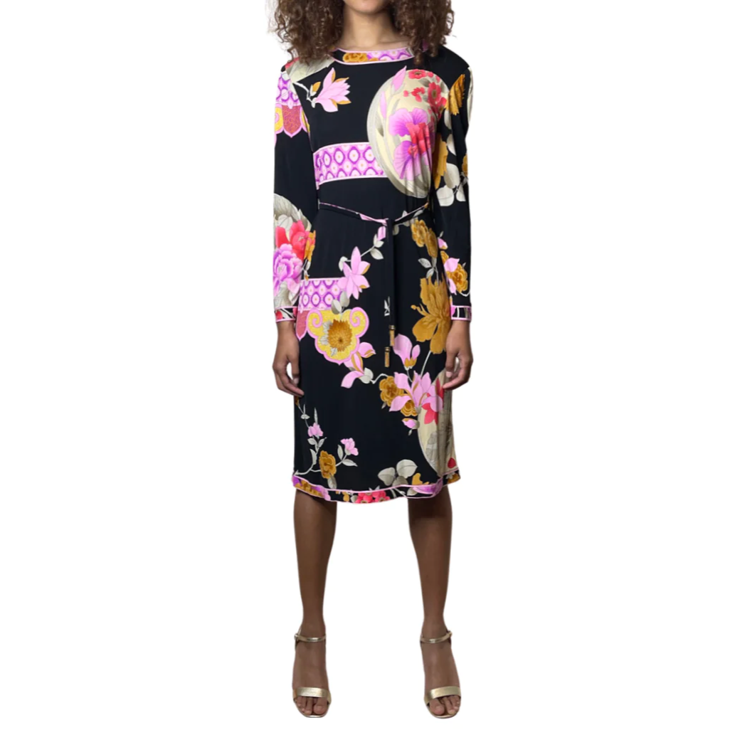 1980'S Original Vintage Black Leonard Floral Silk Dress Uk 10 - 12
