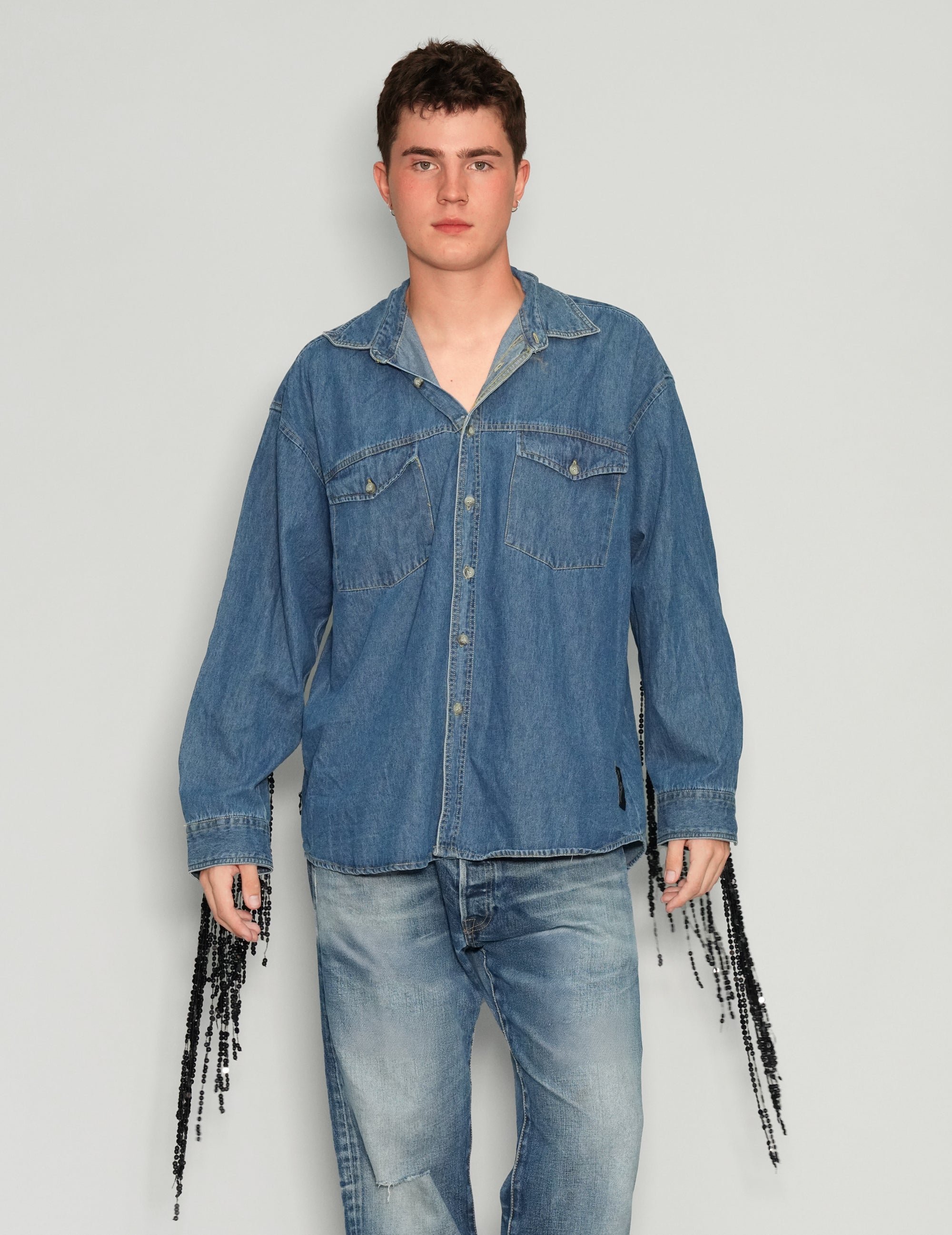 Party Back Sequinned Tassel  Denim Shirt