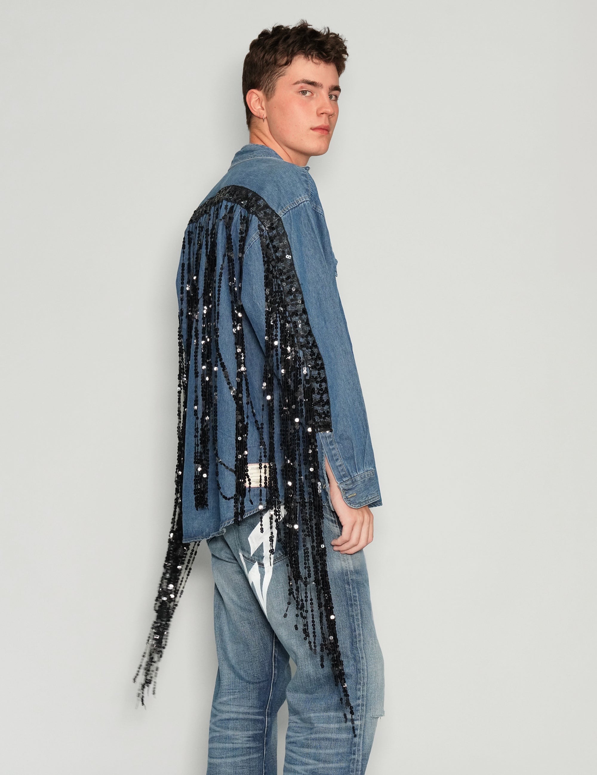 Party Back Sequinned Tassel Denim Shirt.