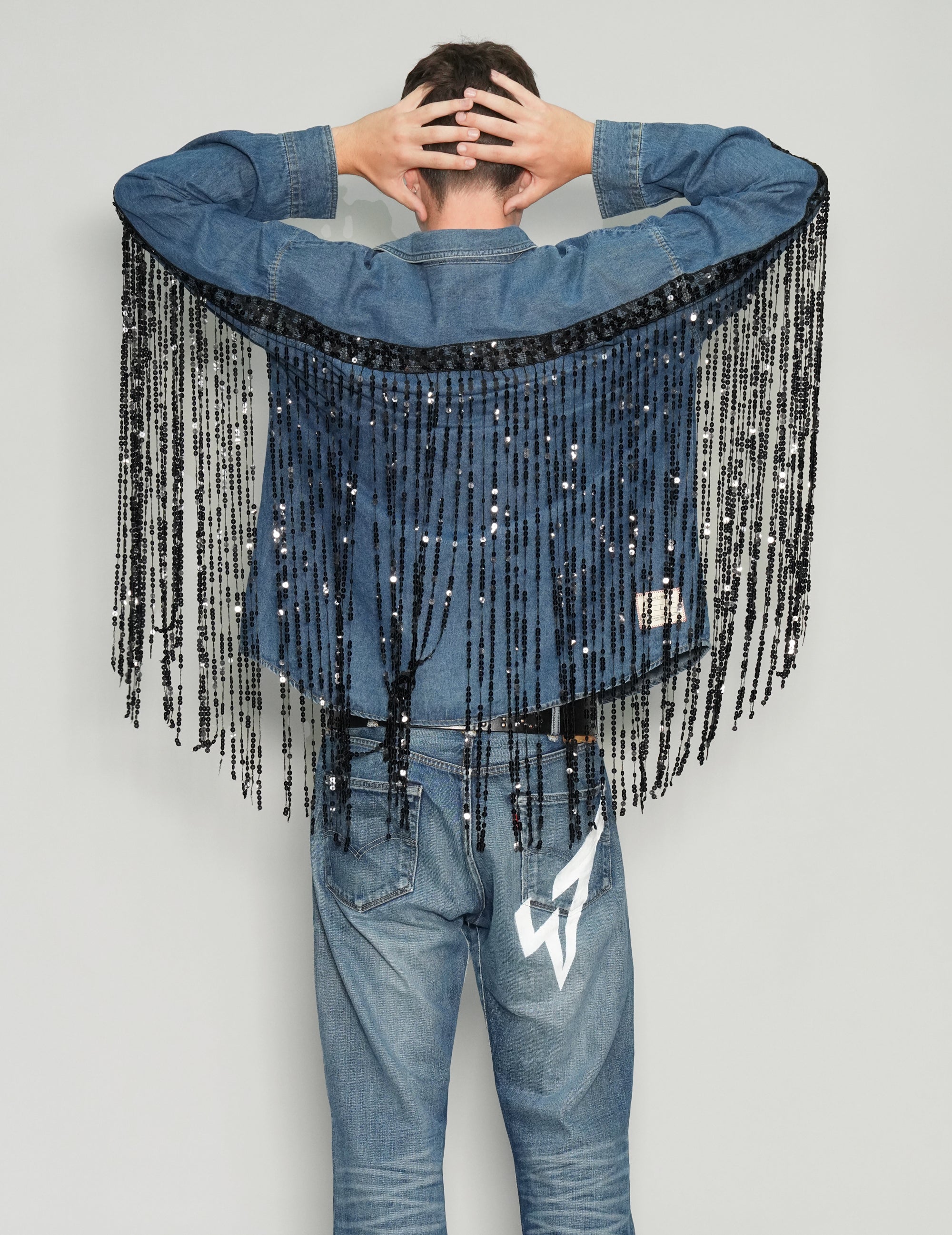 Party Back Sequinned Tassel Denim Shirt.