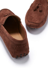 Tasselled Driving Loafers, mahogany brown suede