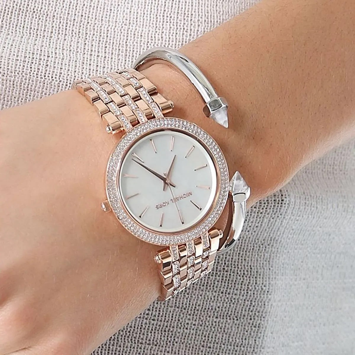 Michael Kors Women’s Watch Stainless Steel Rose Gold Strap With Mother Of Pearl Dial And Crystals MK3220