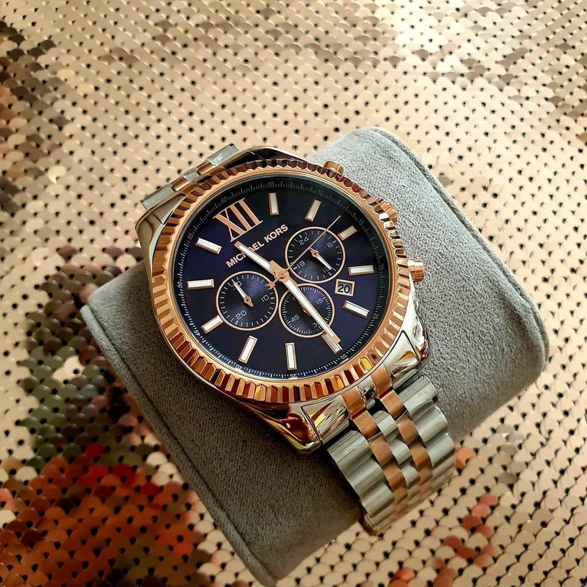 Michael Kors Men's Watch Stainless Steel Silver & Rose Gold Two-Tone Strap With Blue Dial MK8412