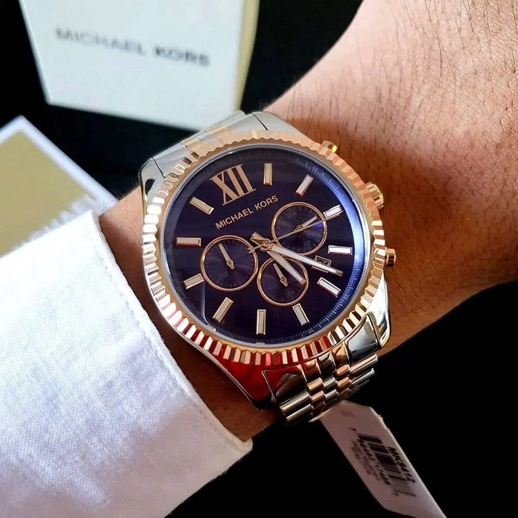 Michael Kors Men's Watch Stainless Steel Silver & Rose Gold Two-Tone Strap With Blue Dial MK8412