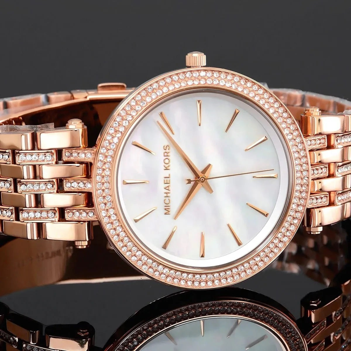 Michael Kors Women’s Watch Stainless Steel Rose Gold Strap With Mother Of Pearl Dial And Crystals MK3220