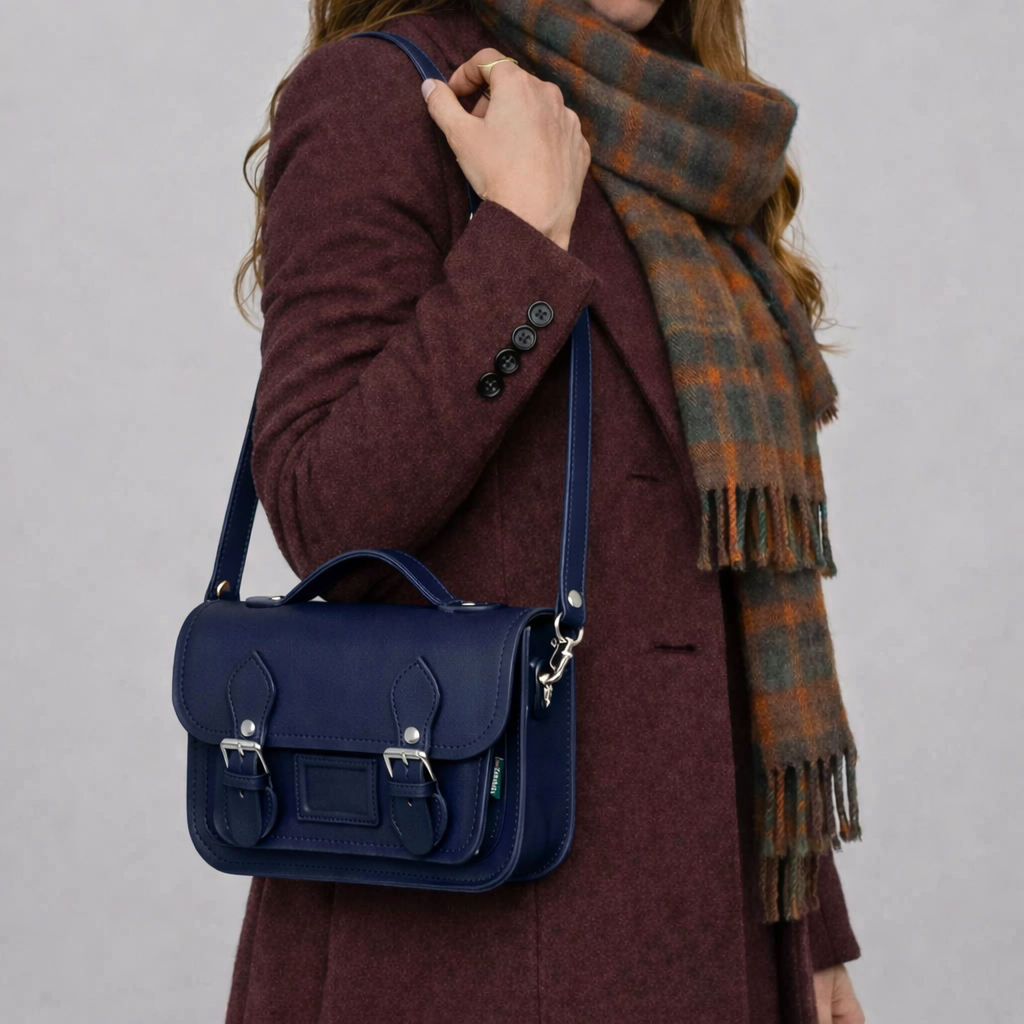 Leather Midi Satchel - Navy