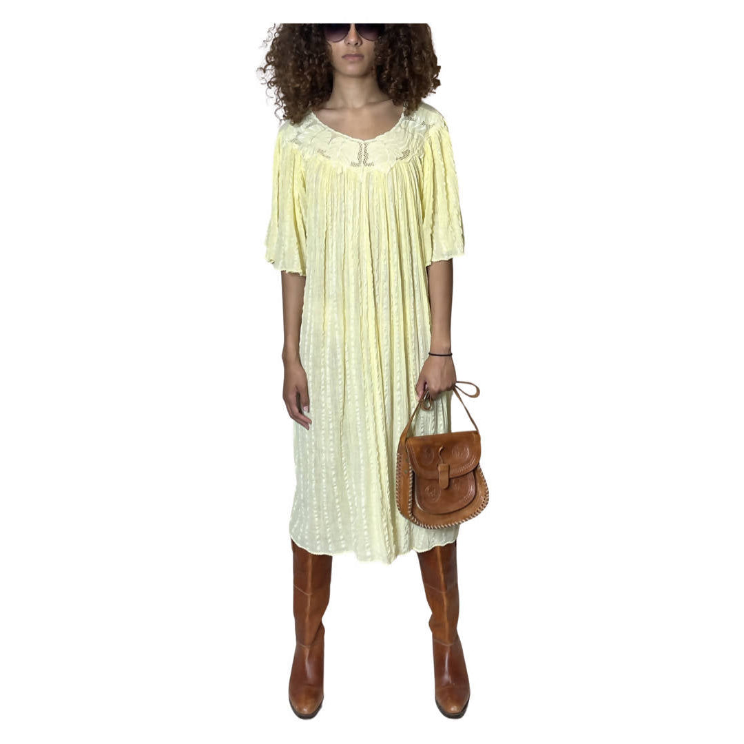 Original 1970's Vintage Cheesecloth Yellow Dress UK 8 - 12