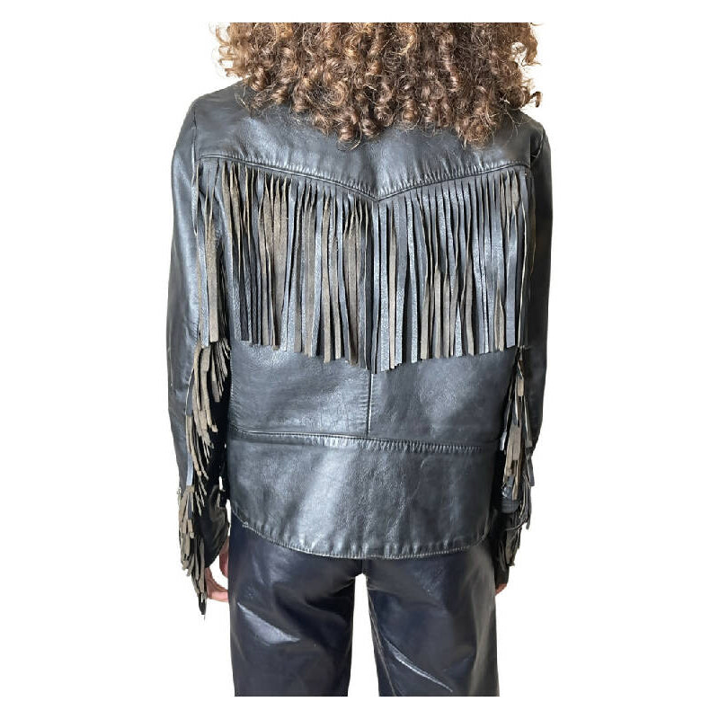 Original 1980's Vintage Black Leather Fringed Biker Jacket UK 10 - 14