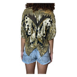 Original Vintage Late 1970's Gold & Black Silk Sequin Butterfly Top UK 6 - 14
