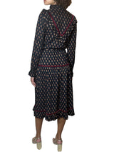 Original 1980's Vintage Paisley Print & Velvet Trim Black Dress UK 8 - 10