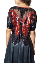 Original 1970's Vintage Black / Red Sequinned Butterfly Top UK 8 - 12