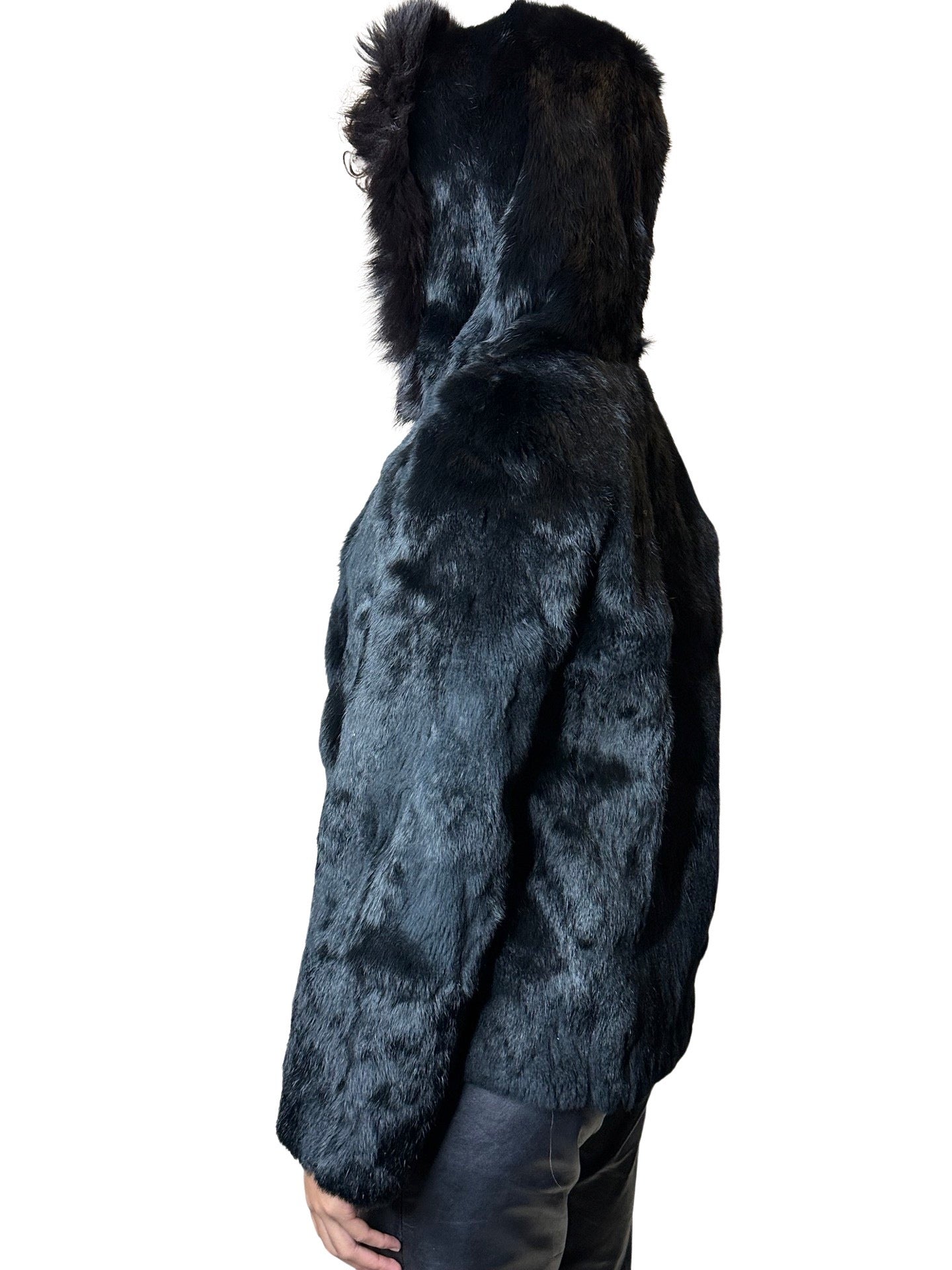 Original 1970's Vintage Black Fur Hooded Coat UK 8 - 12