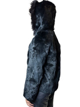 Original 1970's Vintage Black Fur Hooded Coat UK 8 - 12