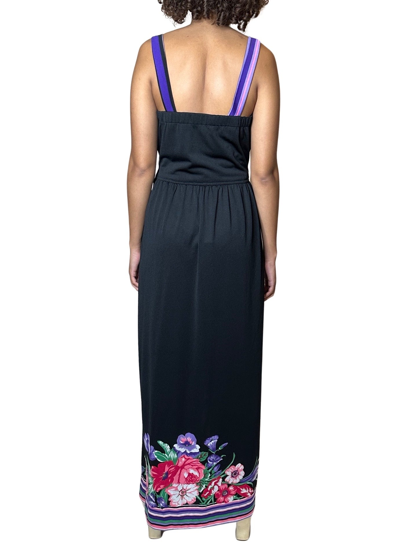 Original 1970's Vintage Black & Floral Print Maxi Dress UK 12 - 14
