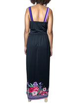 Original 1970's Vintage Black & Floral Print Maxi Dress UK 12 - 14