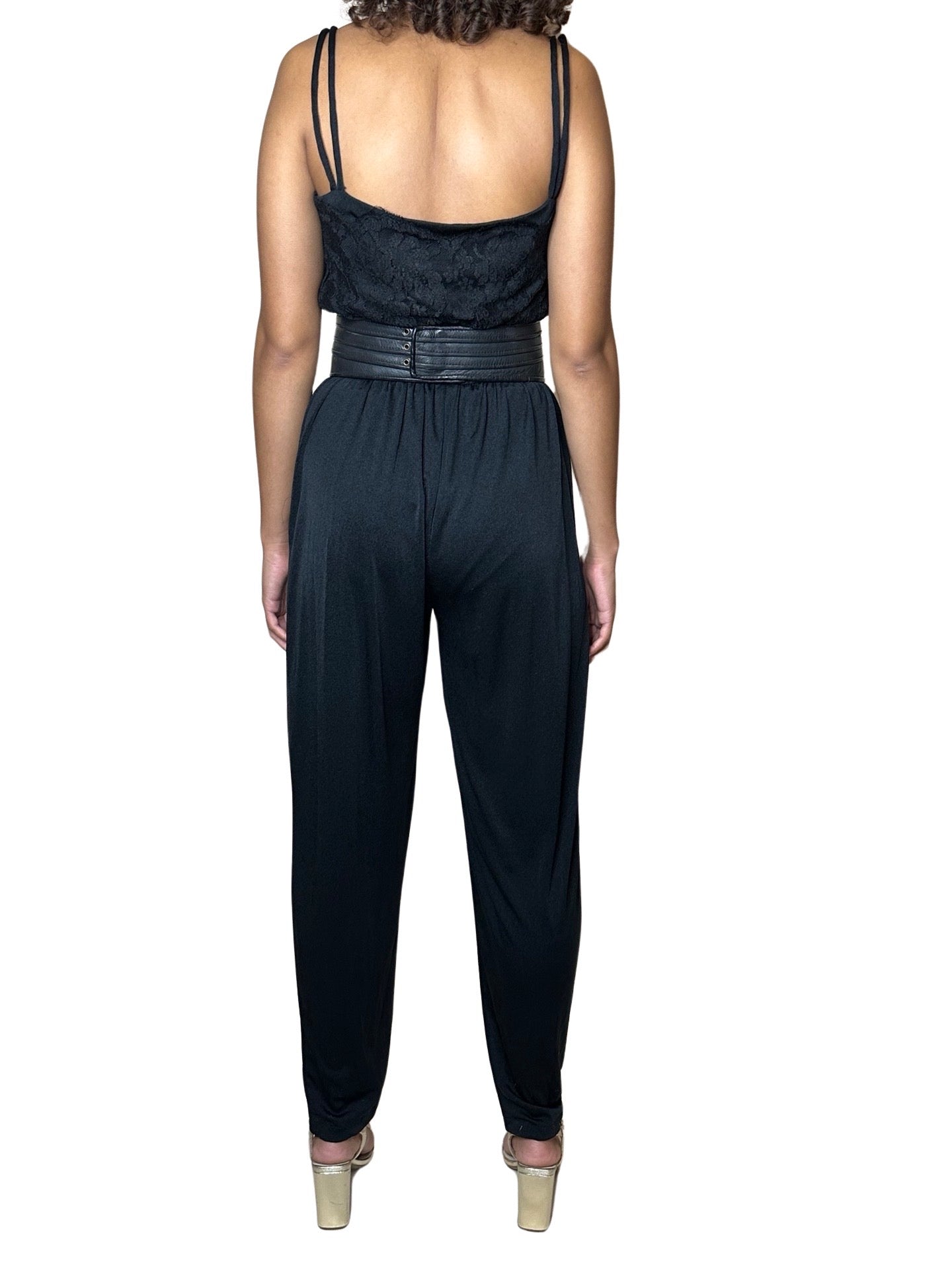 Original 1980's Vintage Jumpsuit In Black With Lace Detailing UK 12 - 14