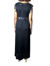 Unique Original Vintage 1970's Black & Faux Leather Detailed Maxi Dress UK 14 - 16