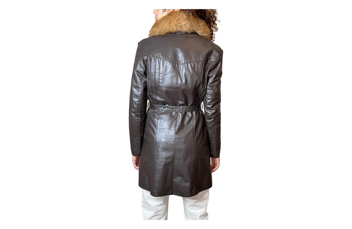 Lovely Original 1970's Vintage Brown Leather & Sheepskin Coat UK 8 - 12