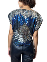 Original 1970's Vintage Black / Silver / Blue Sequinned Top UK 8 - 12
