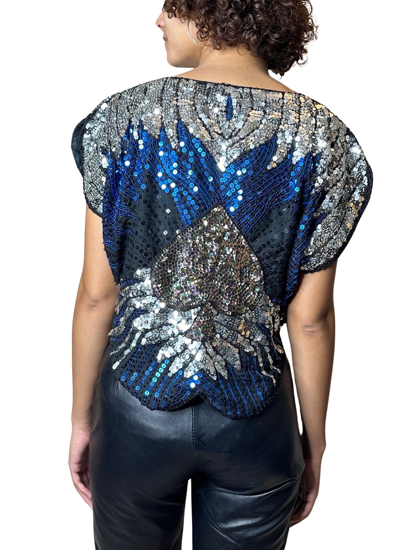 Original 1970's Vintage Black / Silver / Blue Sequinned Top UK 8 - 12